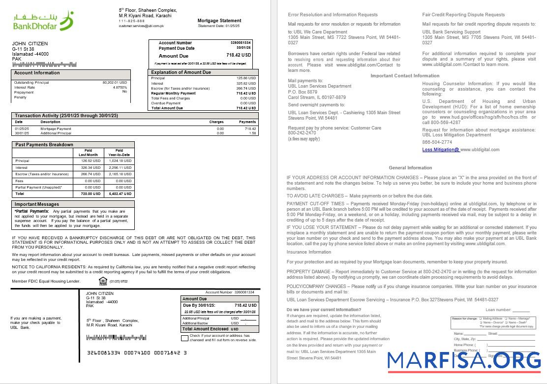 Blank Pakistan UBL mortgage statement in Word and PDF formats download for verification